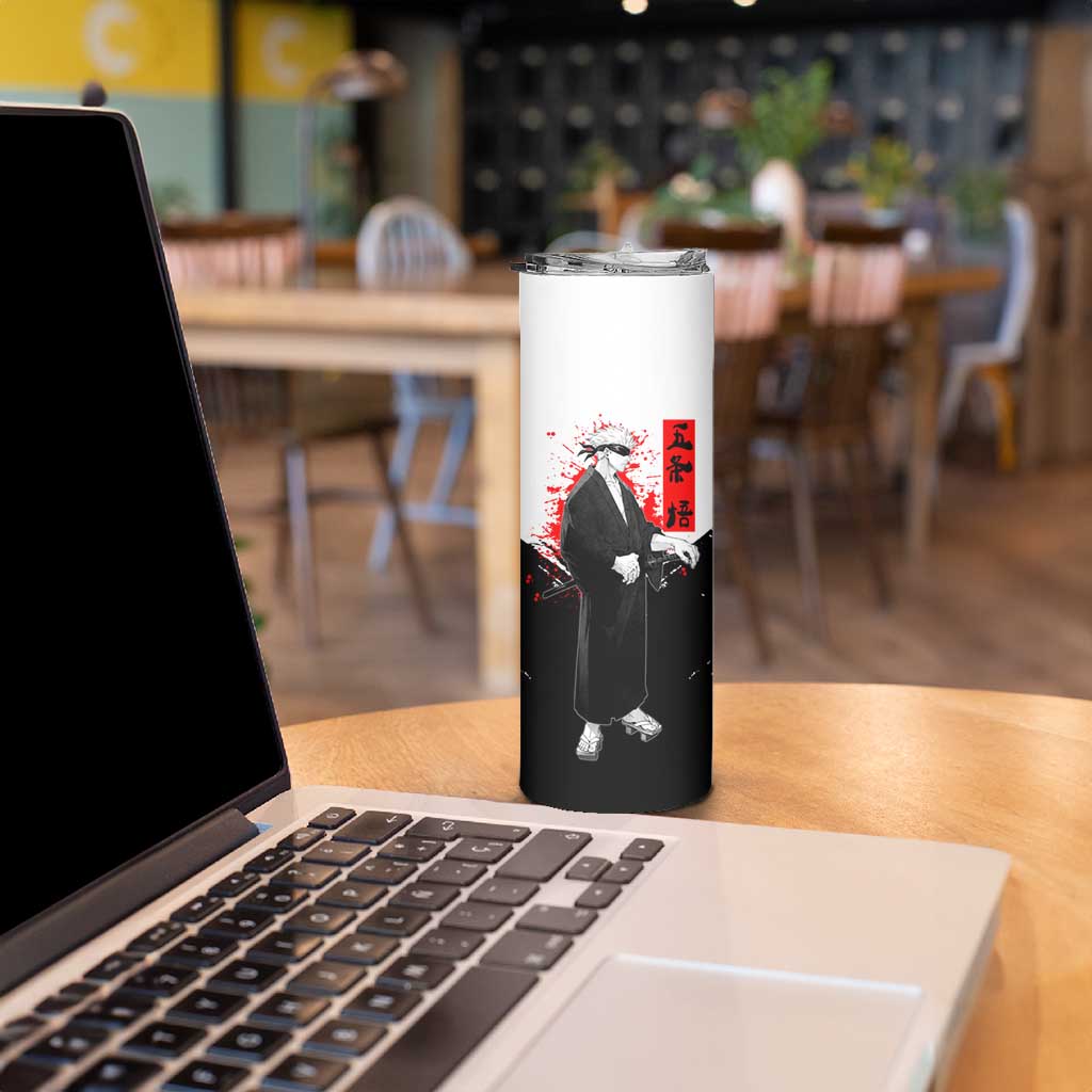 Satoru Gojo Jujutsu Kaisen Samurai Style Skinny Tumbler with Katana, Red Kanji and Oni Mask Illustration - The Mazicc
