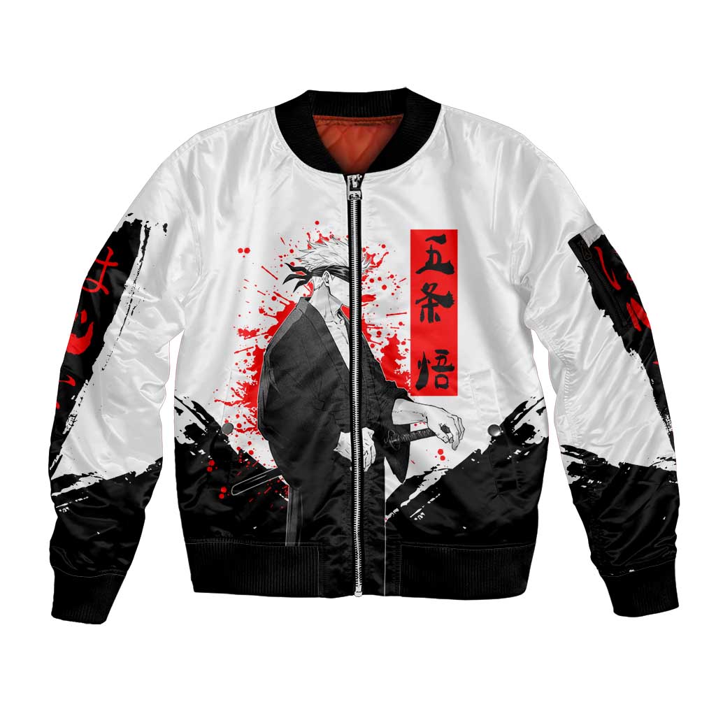 Satoru Gojo Jujutsu Kaisen Samurai Style Sleeve Zip Bomber Jacket with Katana, Red Kanji and Oni Mask Illustration - The Mazicc