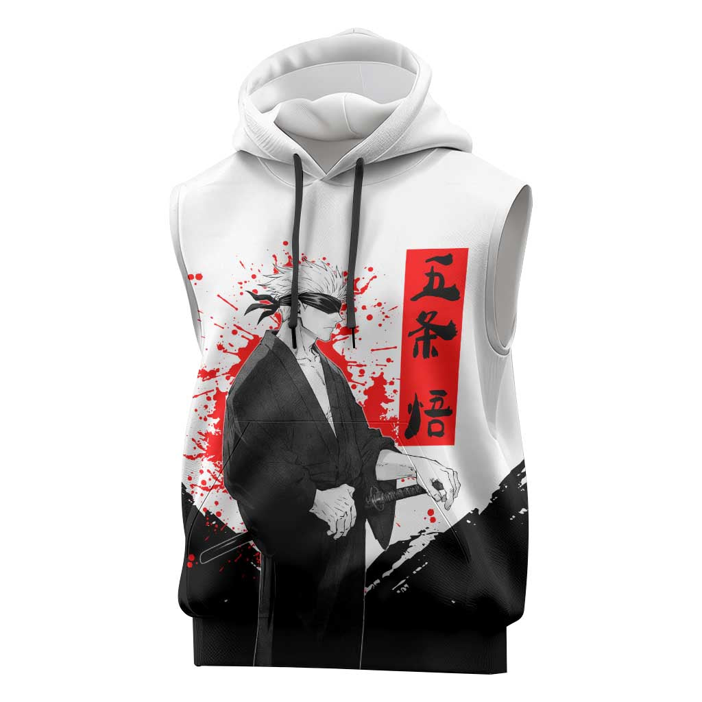 Satoru Gojo Jujutsu Kaisen Samurai Style Sleeveless Hoodie with Katana, Red Kanji and Oni Mask Illustration - The Mazicc