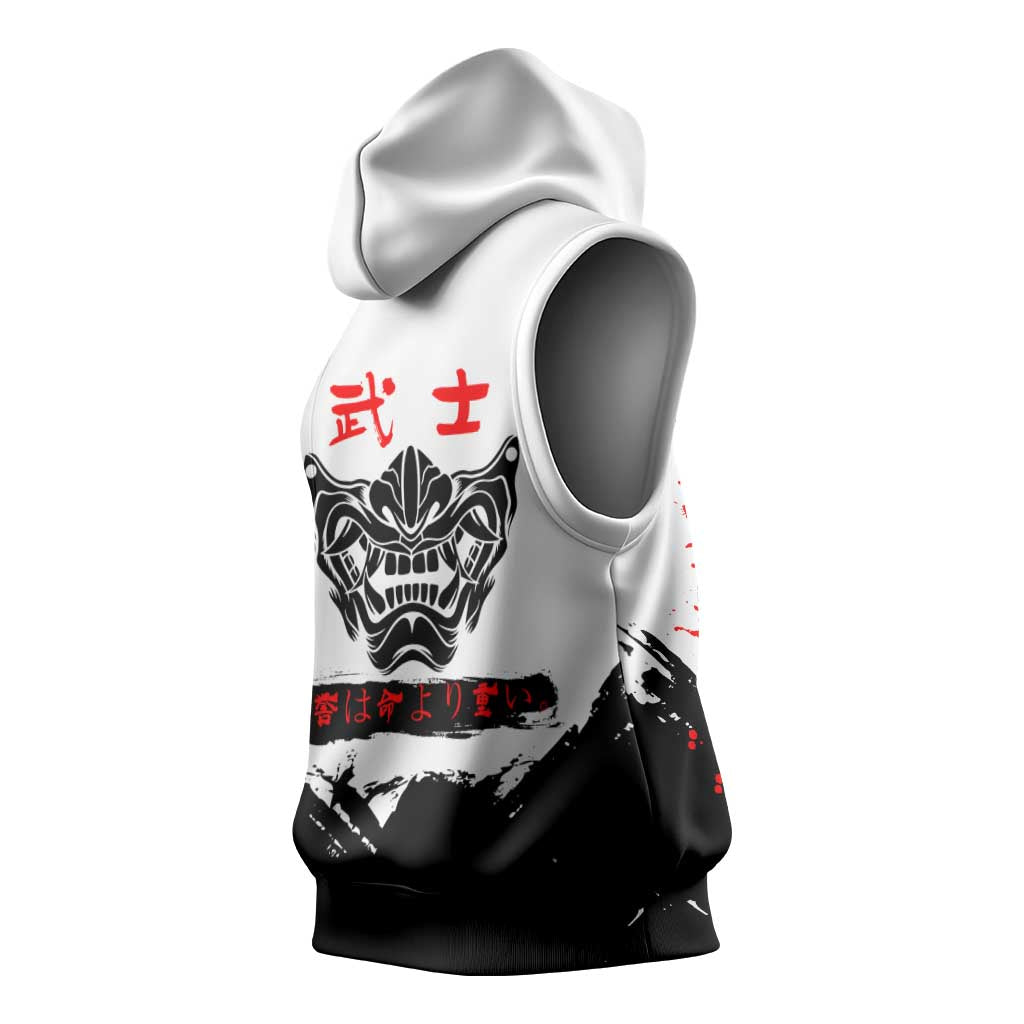 Satoru Gojo Jujutsu Kaisen Samurai Style Sleeveless Hoodie with Katana, Red Kanji and Oni Mask Illustration - The Mazicc