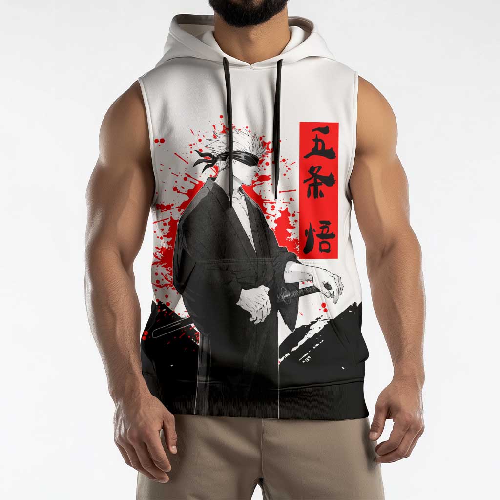 Satoru Gojo Jujutsu Kaisen Samurai Style Sleeveless Hoodie with Katana, Red Kanji and Oni Mask Illustration - The Mazicc