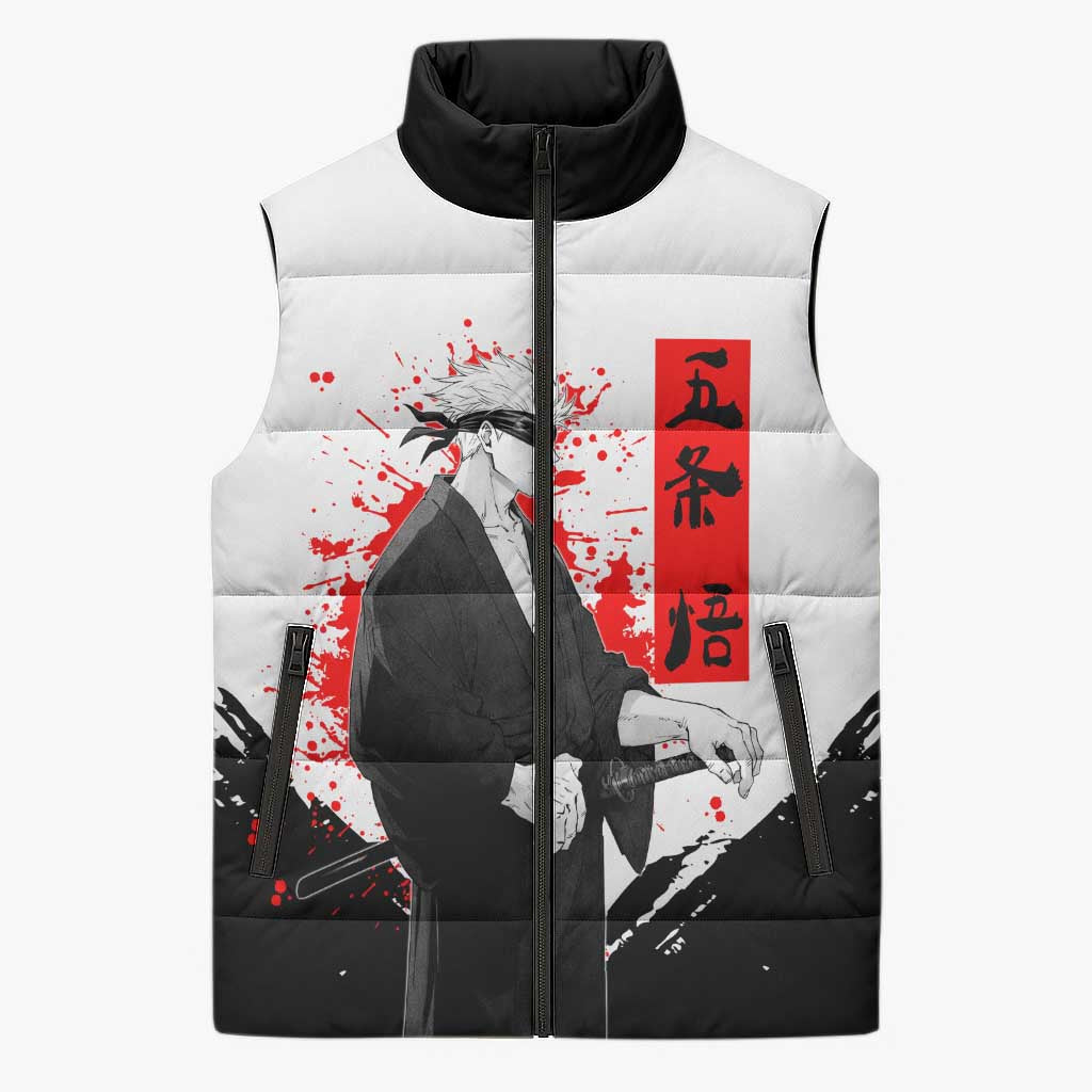 Satoru Gojo Jujutsu Kaisen Samurai Style Sleeveless Puffer Jacket with Katana, Red Kanji and Oni Mask Illustration - The Mazicc