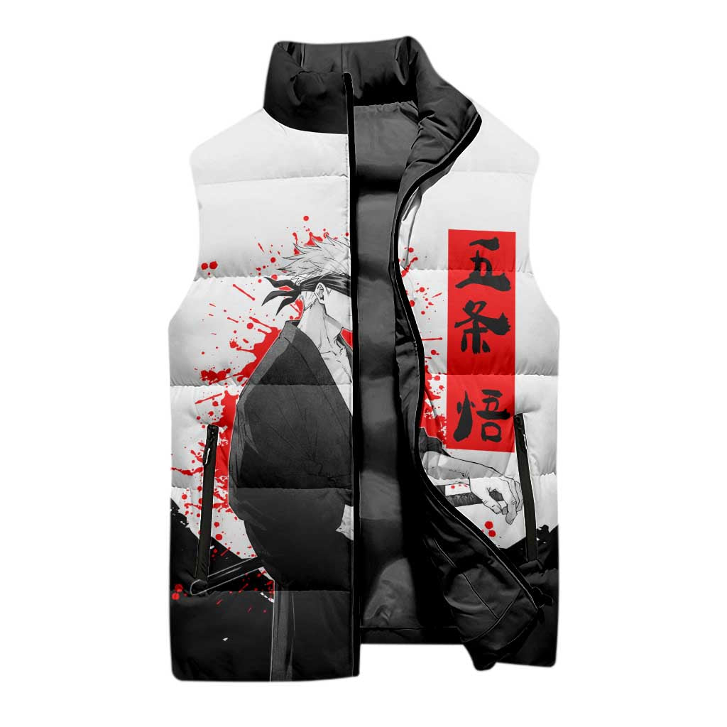 Satoru Gojo Jujutsu Kaisen Samurai Style Sleeveless Puffer Jacket with Katana, Red Kanji and Oni Mask Illustration - The Mazicc