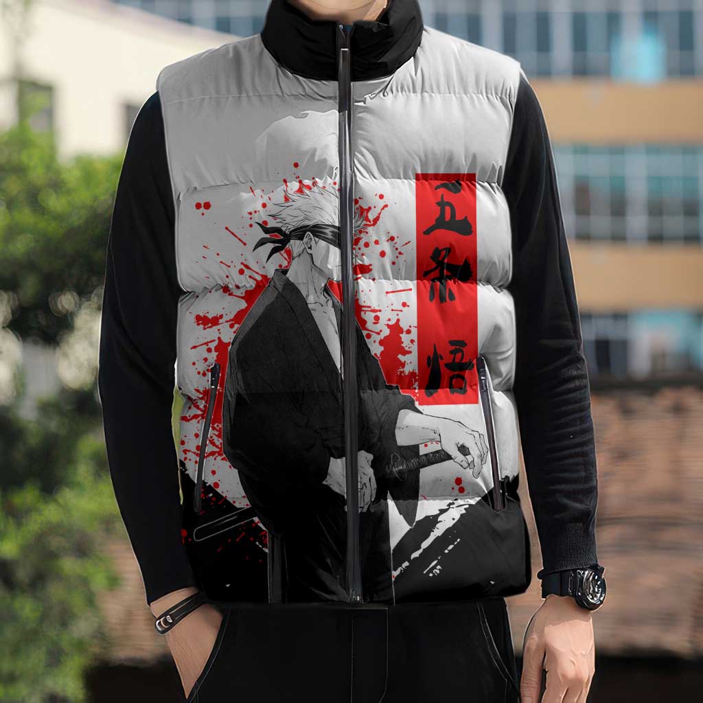 Satoru Gojo Jujutsu Kaisen Samurai Style Sleeveless Puffer Jacket with Katana, Red Kanji and Oni Mask Illustration - The Mazicc