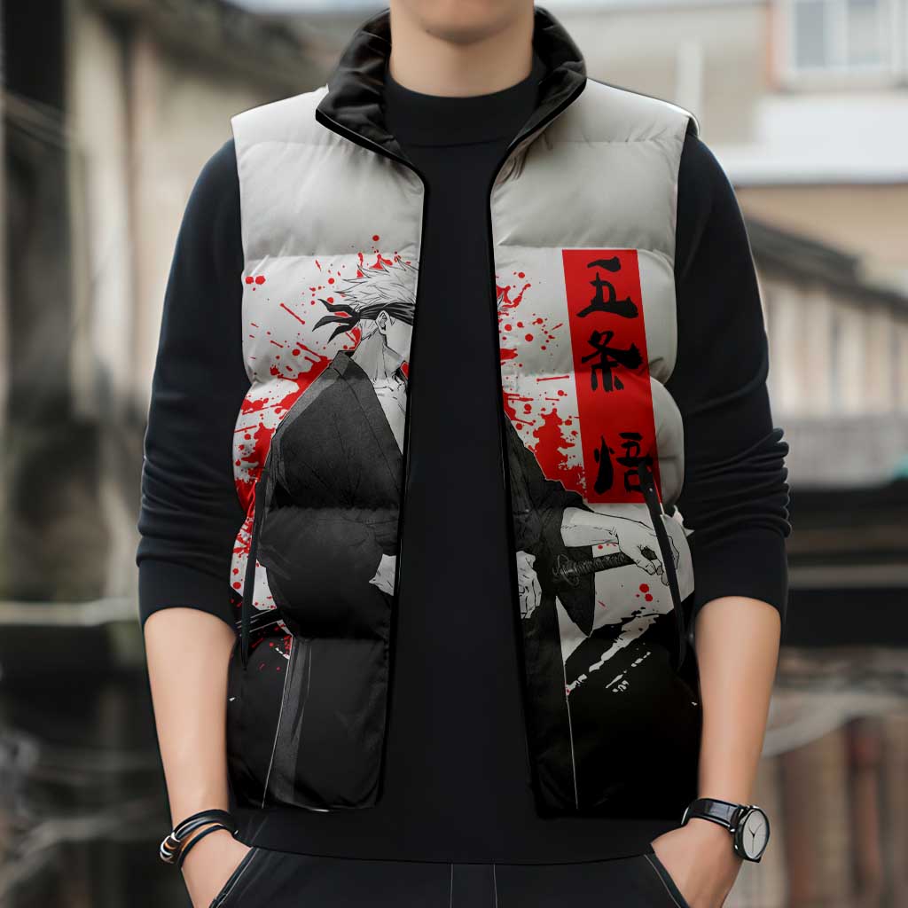 Satoru Gojo Jujutsu Kaisen Samurai Style Sleeveless Puffer Jacket with Katana, Red Kanji and Oni Mask Illustration - The Mazicc