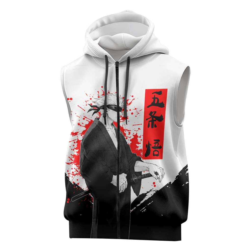 Satoru Gojo Jujutsu Kaisen Samurai Style Sleeveless Zip Hoodie with Katana, Red Kanji and Oni Mask Illustration - The Mazicc