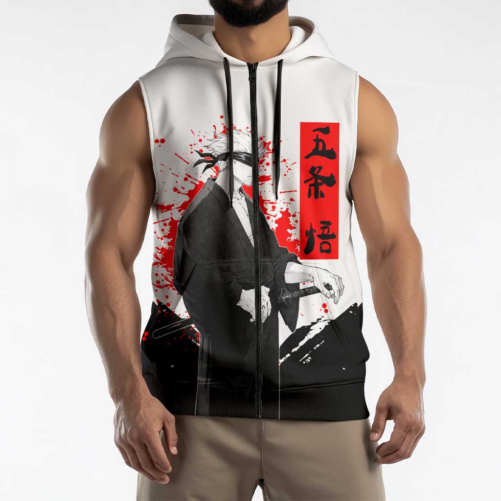 Satoru Gojo Jujutsu Kaisen Samurai Style Sleeveless Zip Hoodie with Katana, Red Kanji and Oni Mask Illustration - The Mazicc