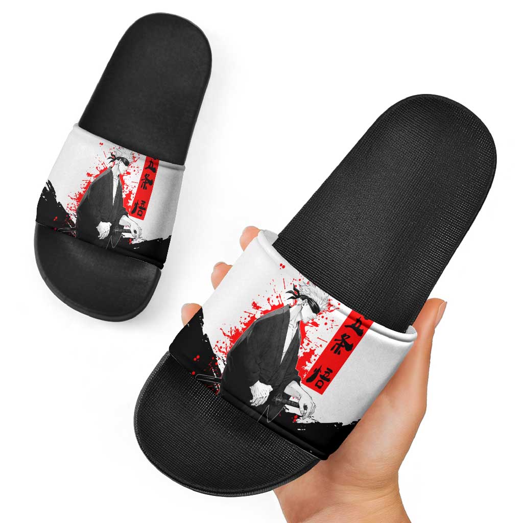 Satoru Gojo Jujutsu Kaisen Samurai Style Slide Sandals with Katana, Red Kanji and Oni Mask Illustration - The Mazicc