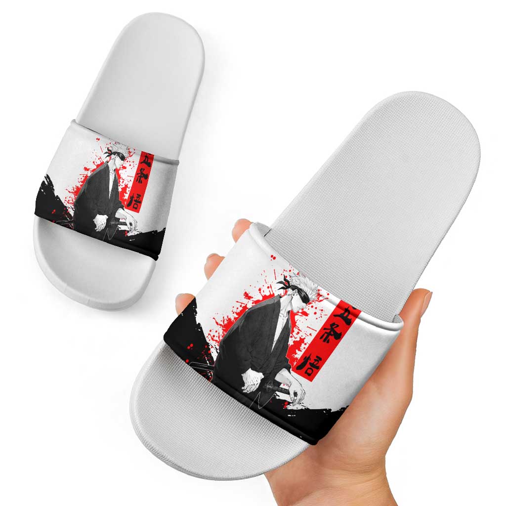 Satoru Gojo Jujutsu Kaisen Samurai Style Slide Sandals with Katana, Red Kanji and Oni Mask Illustration - The Mazicc