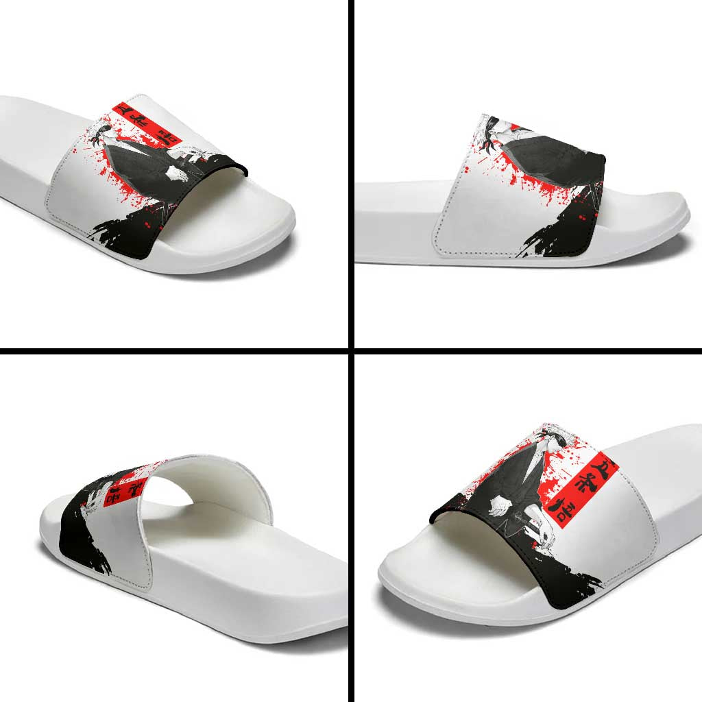 Satoru Gojo Jujutsu Kaisen Samurai Style Slide Sandals with Katana, Red Kanji and Oni Mask Illustration - The Mazicc