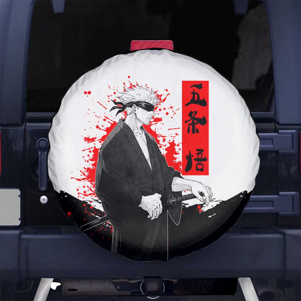 Satoru Gojo Jujutsu Kaisen Samurai Style Spare Tire Cover with Katana, Red Kanji and Oni Mask Illustration - The Mazicc