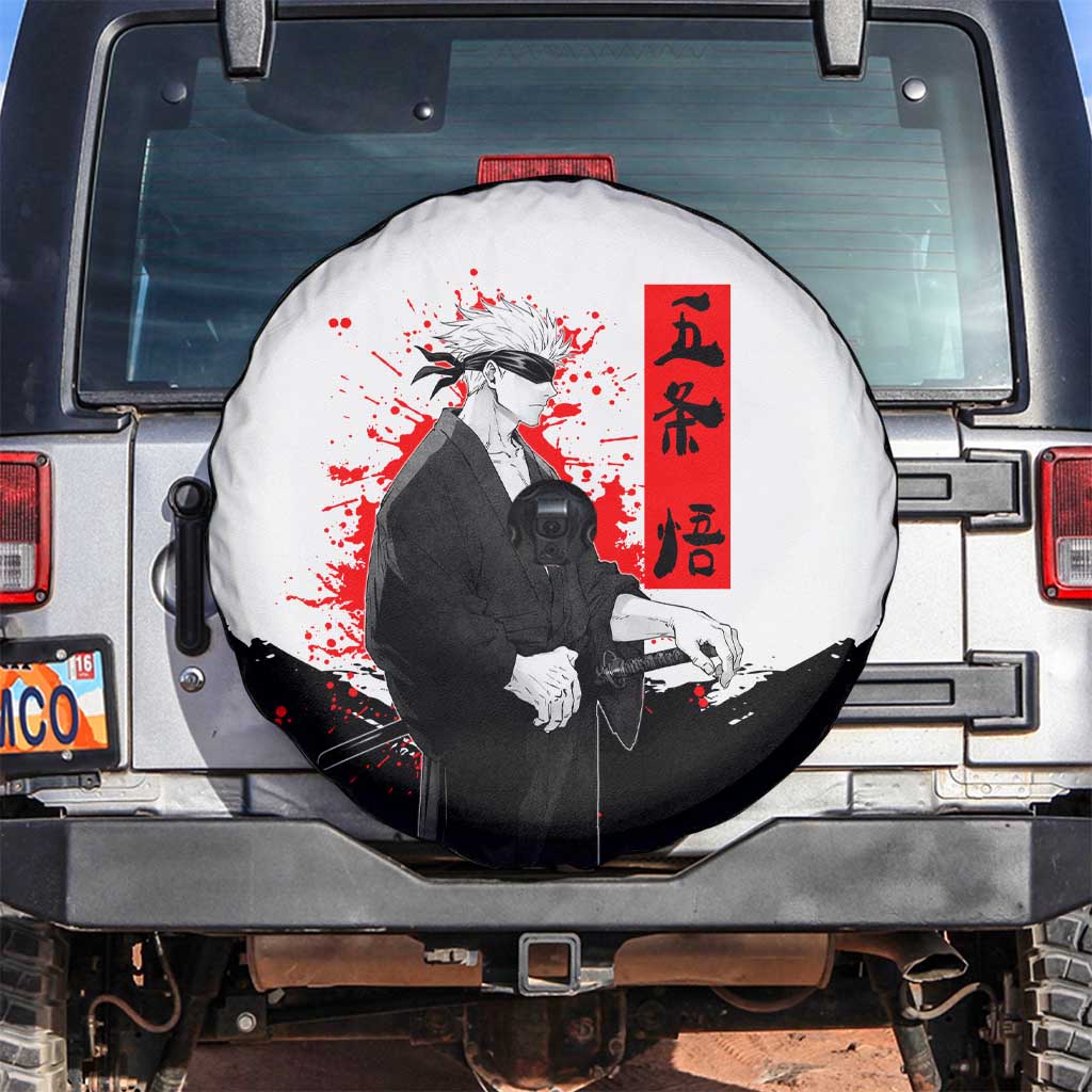Satoru Gojo Jujutsu Kaisen Samurai Style Spare Tire Cover with Katana, Red Kanji and Oni Mask Illustration - The Mazicc