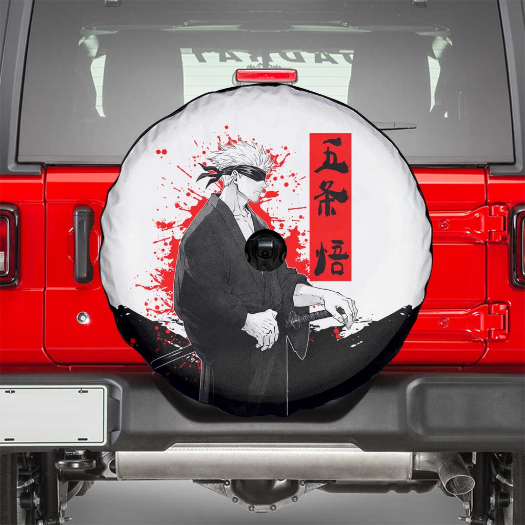 Satoru Gojo Jujutsu Kaisen Samurai Style Spare Tire Cover with Katana, Red Kanji and Oni Mask Illustration - The Mazicc