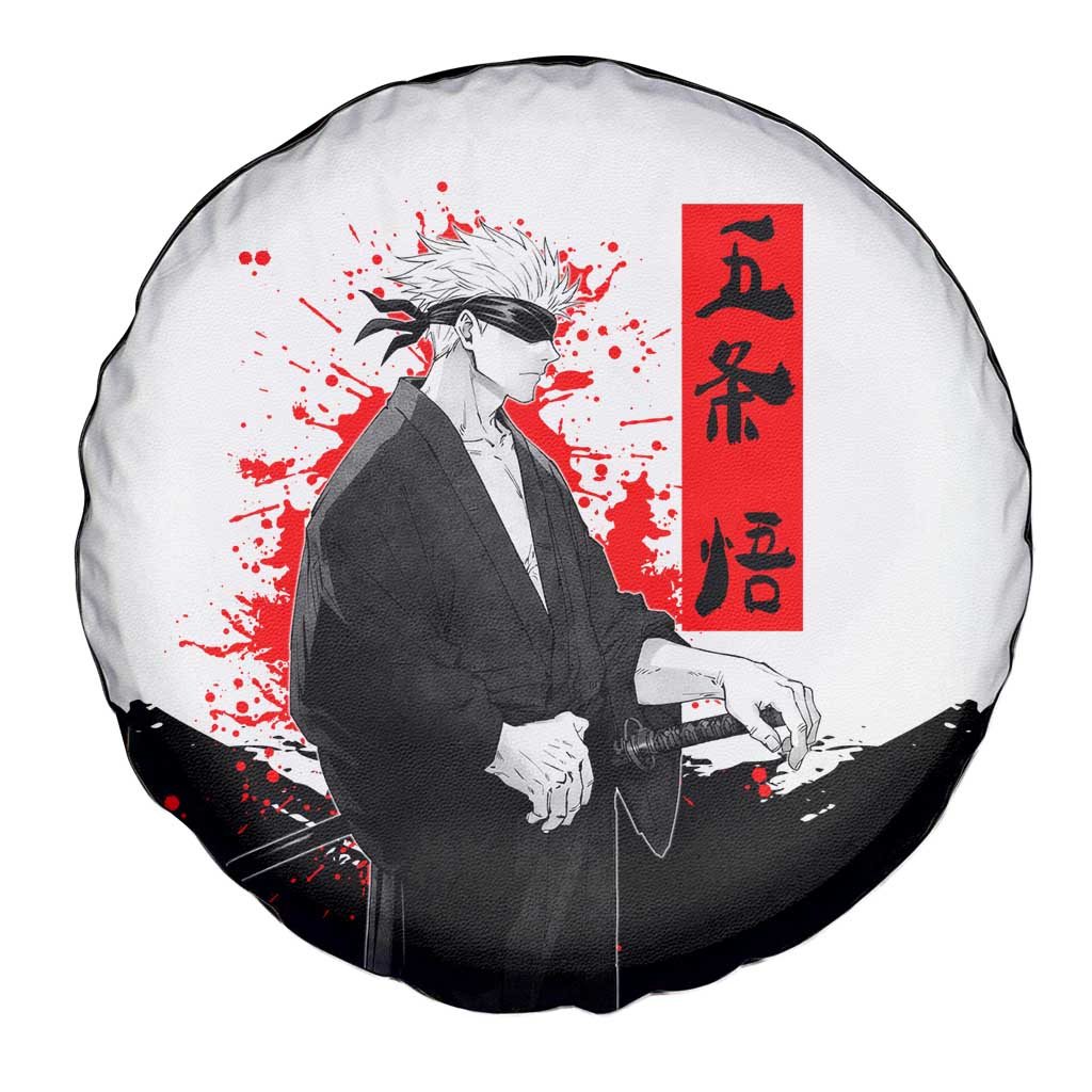 Satoru Gojo Jujutsu Kaisen Samurai Style Spare Tire Cover with Katana, Red Kanji and Oni Mask Illustration - The Mazicc