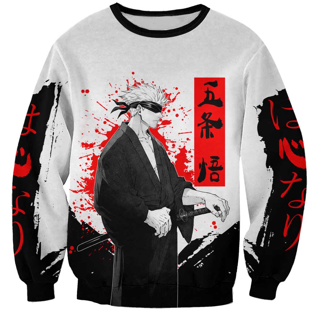 Satoru Gojo Jujutsu Kaisen Samurai Style Sweatshirt with Katana, Red Kanji and Oni Mask Illustration - The Mazicc