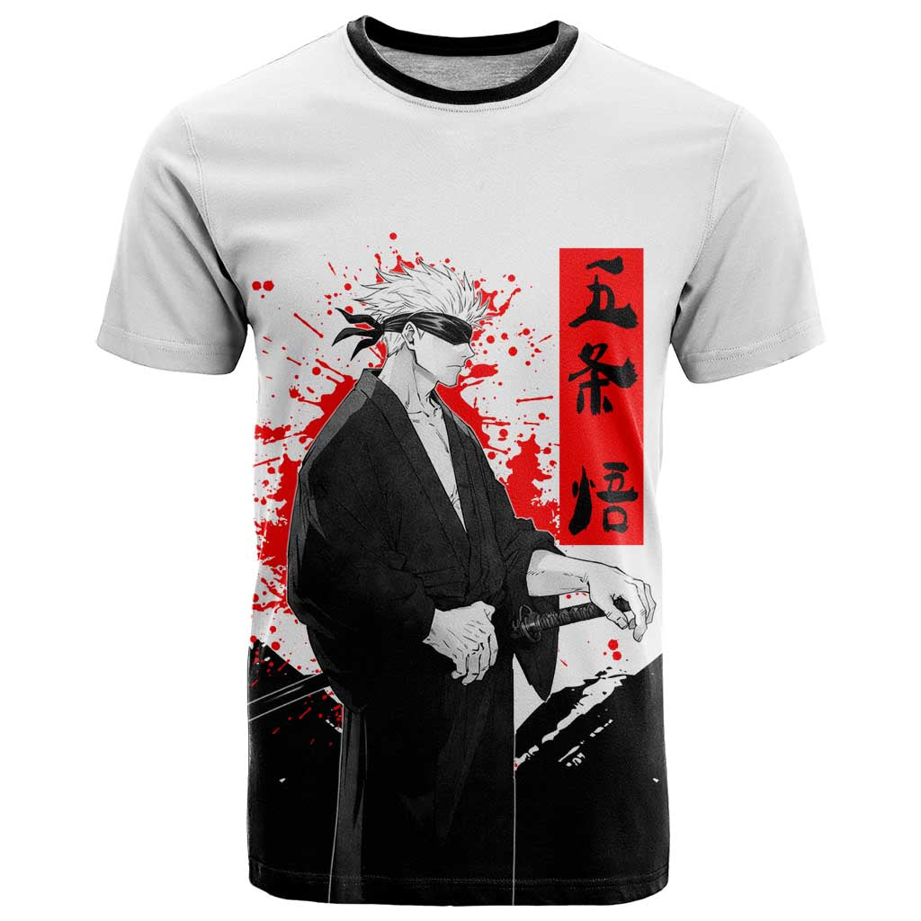 Satoru Gojo Jujutsu Kaisen Samurai Style T Shirt with Katana, Red Kanji and Oni Mask Illustration - The Mazicc