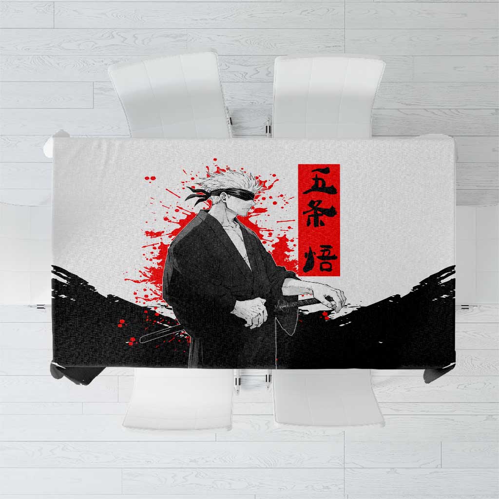 Satoru Gojo Jujutsu Kaisen Samurai Style Tablecloth with Katana, Red Kanji and Oni Mask Illustration - The Mazicc