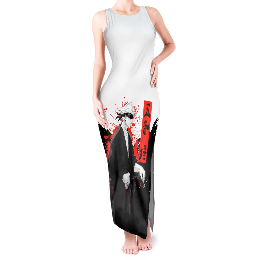 Satoru Gojo Jujutsu Kaisen Samurai Style Tank Maxi Dress with Katana, Red Kanji and Oni Mask Illustration - The Mazicc