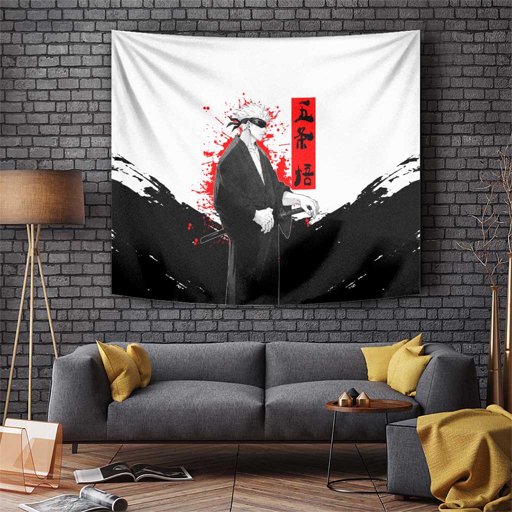 Satoru Gojo Jujutsu Kaisen Samurai Style Tapestry with Katana, Red Kanji and Oni Mask Illustration - The Mazicc
