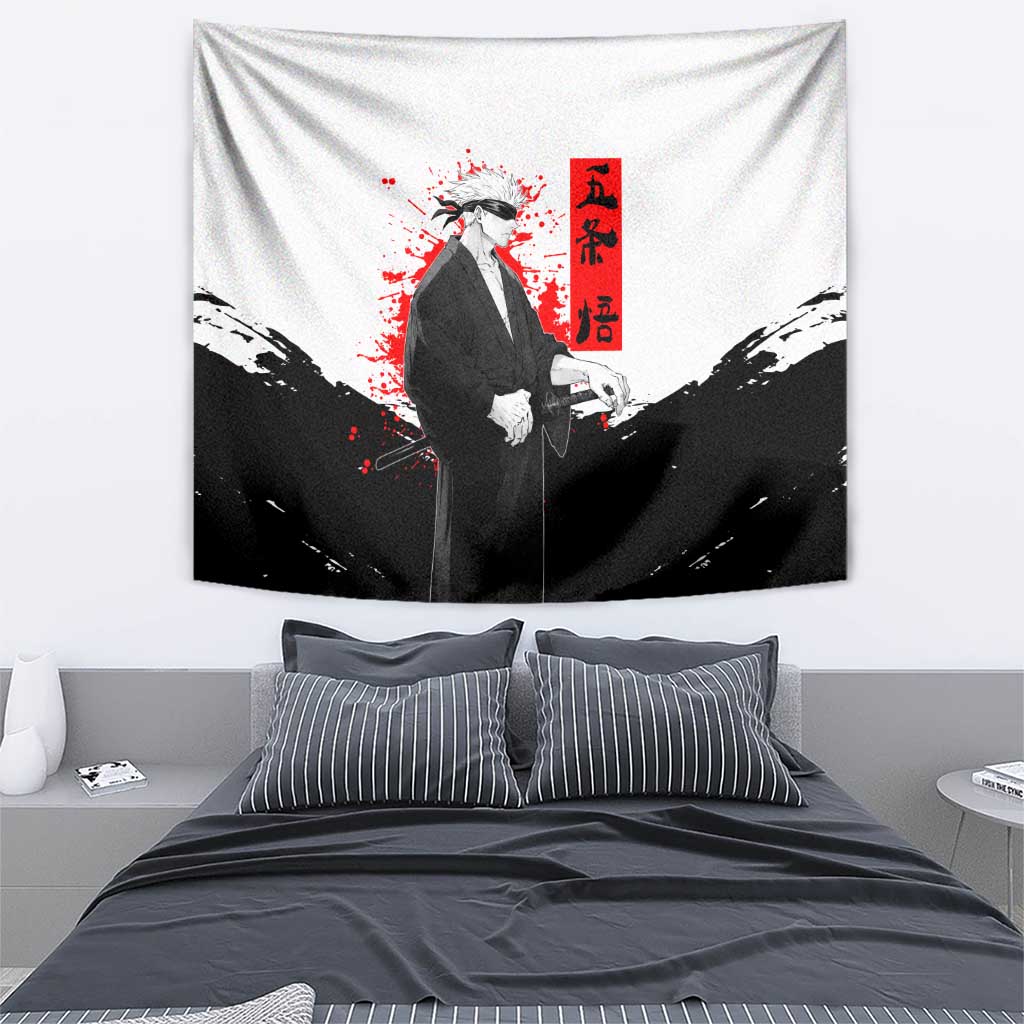 Satoru Gojo Jujutsu Kaisen Samurai Style Tapestry with Katana, Red Kanji and Oni Mask Illustration - The Mazicc