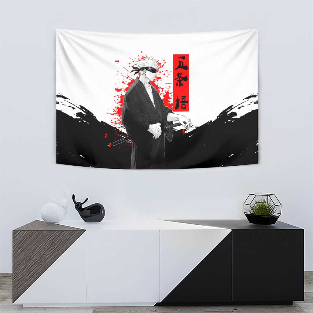 Satoru Gojo Jujutsu Kaisen Samurai Style Tapestry with Katana, Red Kanji and Oni Mask Illustration - The Mazicc