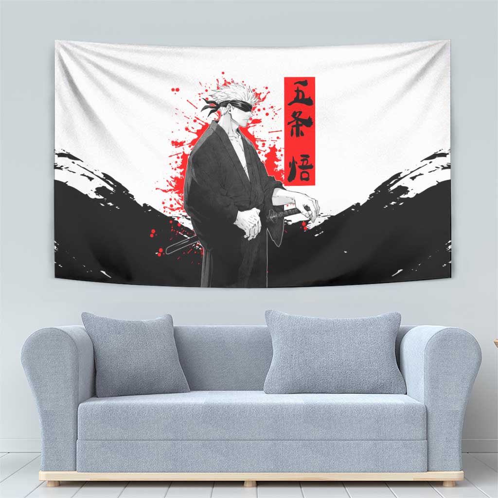 Satoru Gojo Jujutsu Kaisen Samurai Style Tapestry with Katana, Red Kanji and Oni Mask Illustration - The Mazicc