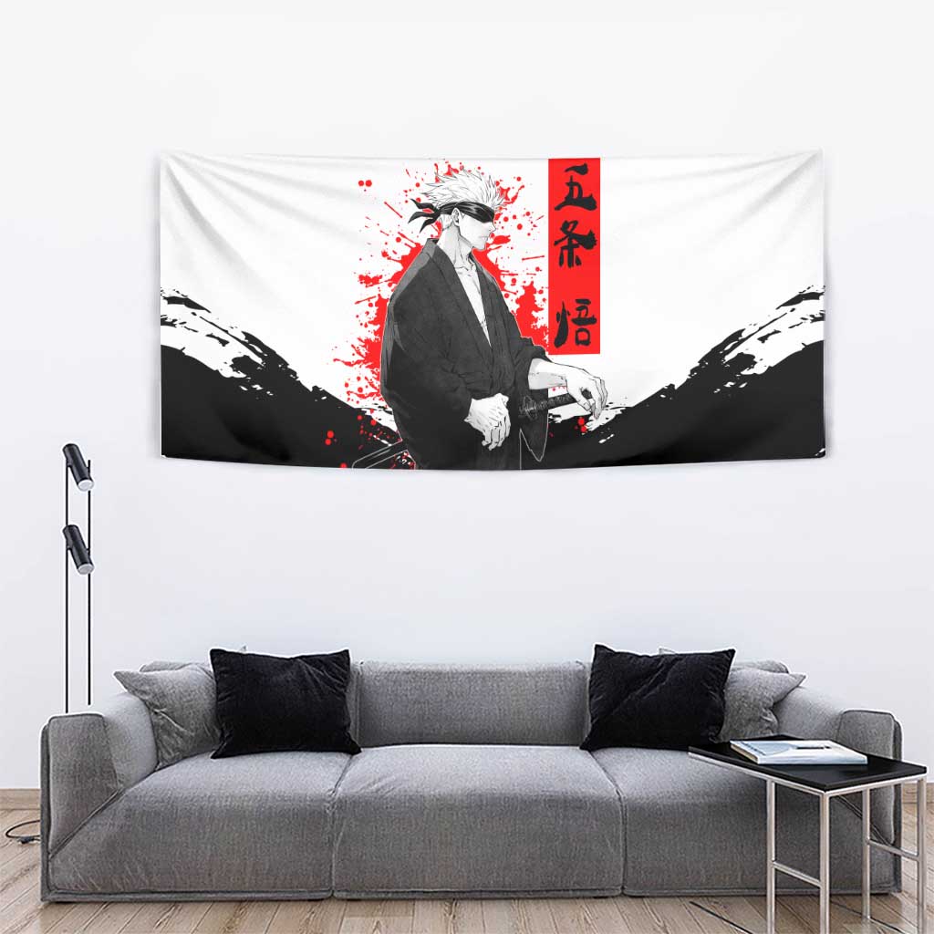 Satoru Gojo Jujutsu Kaisen Samurai Style Tapestry with Katana, Red Kanji and Oni Mask Illustration - The Mazicc