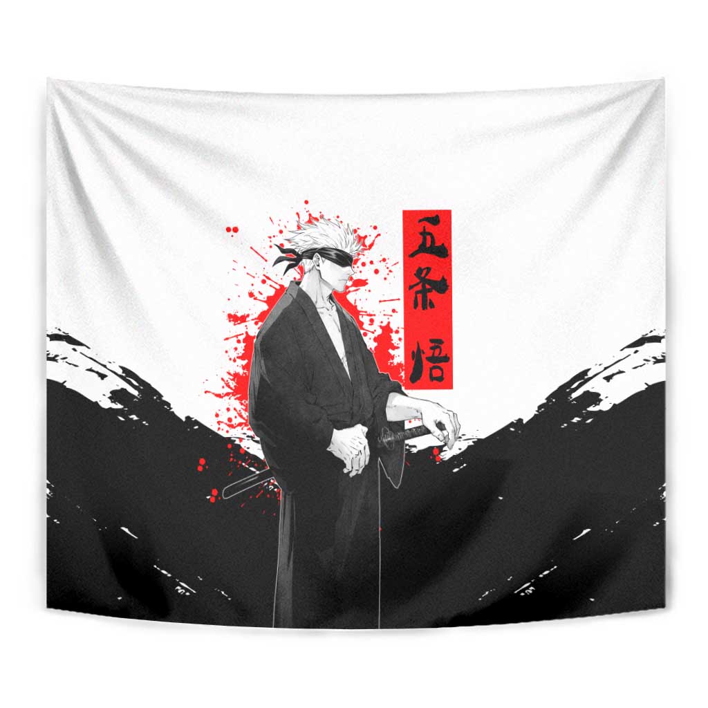 Satoru Gojo Jujutsu Kaisen Samurai Style Tapestry with Katana, Red Kanji and Oni Mask Illustration - The Mazicc