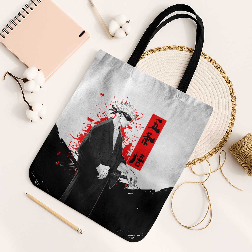 Satoru Gojo Jujutsu Kaisen Samurai Style Tote Bag with Katana, Red Kanji and Oni Mask Illustration - The Mazicc