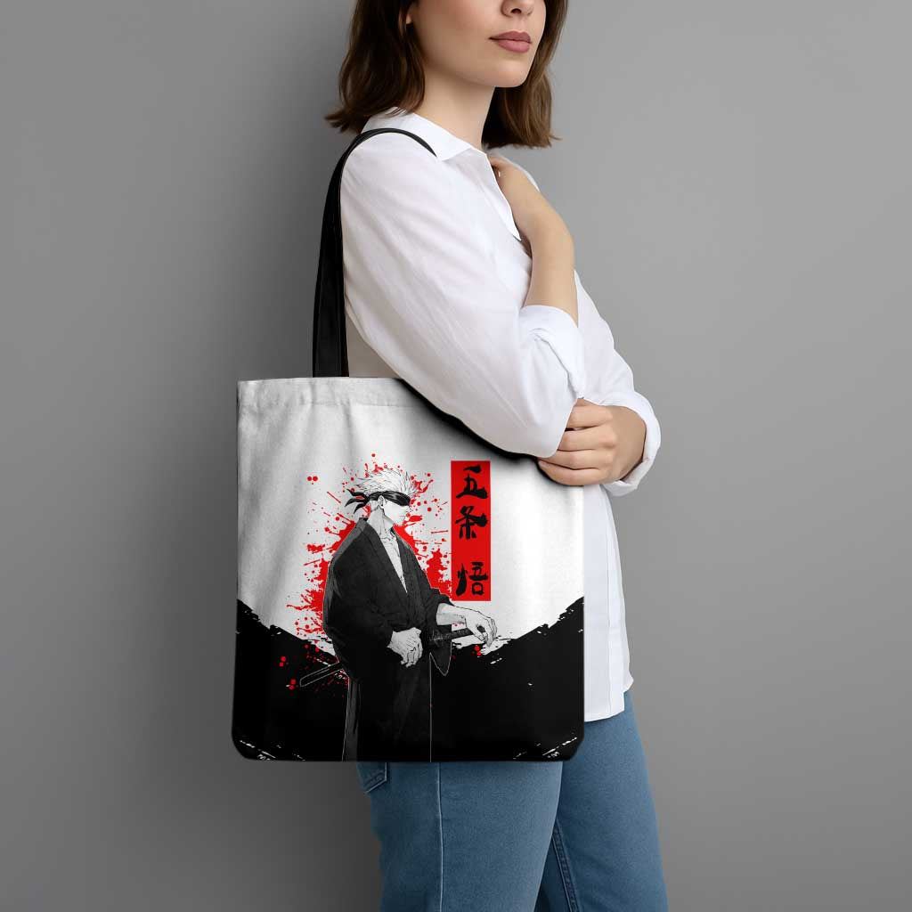 Satoru Gojo Jujutsu Kaisen Samurai Style Tote Bag with Katana, Red Kanji and Oni Mask Illustration - The Mazicc