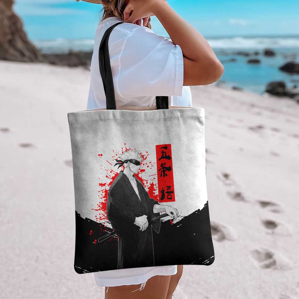 Satoru Gojo Jujutsu Kaisen Samurai Style Tote Bag with Katana, Red Kanji and Oni Mask Illustration - The Mazicc