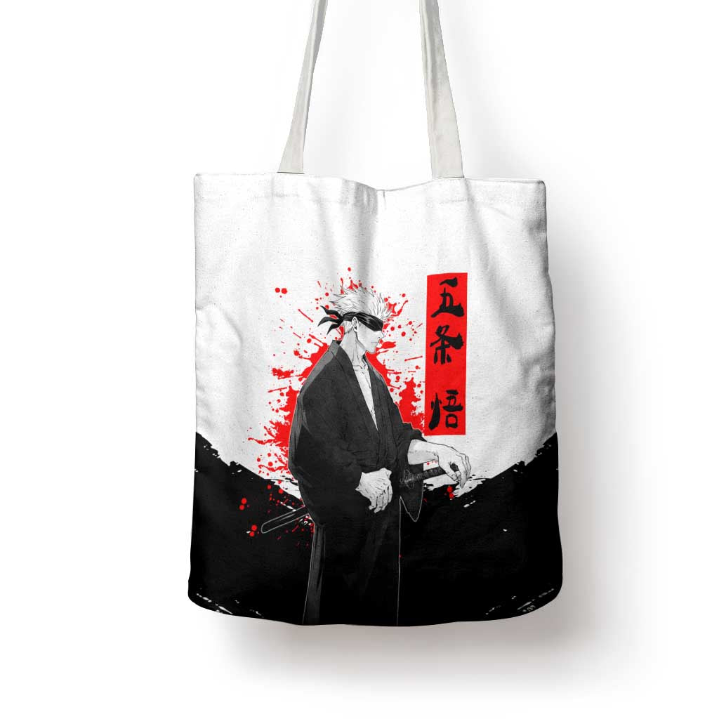 Satoru Gojo Jujutsu Kaisen Samurai Style Tote Bag with Katana, Red Kanji and Oni Mask Illustration - The Mazicc