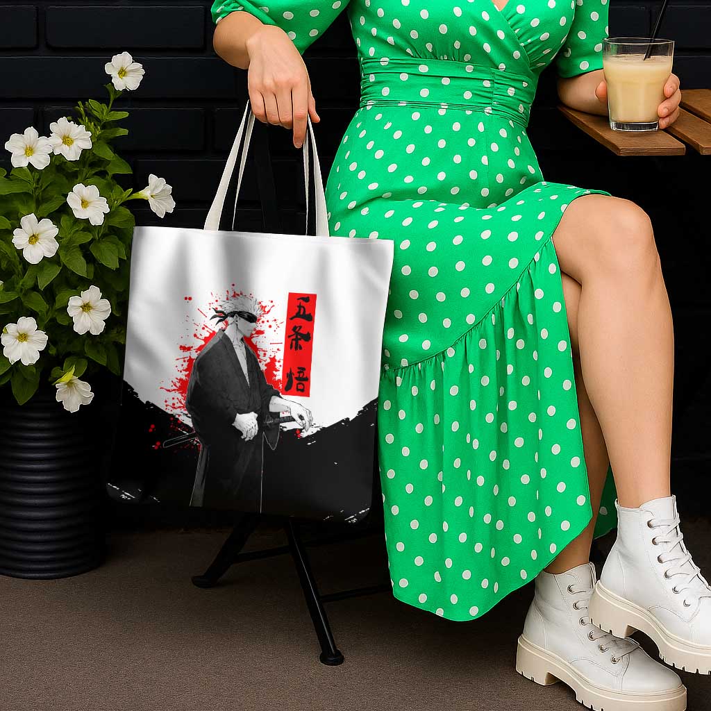 Satoru Gojo Jujutsu Kaisen Samurai Style Tote Bag with Katana, Red Kanji and Oni Mask Illustration - The Mazicc