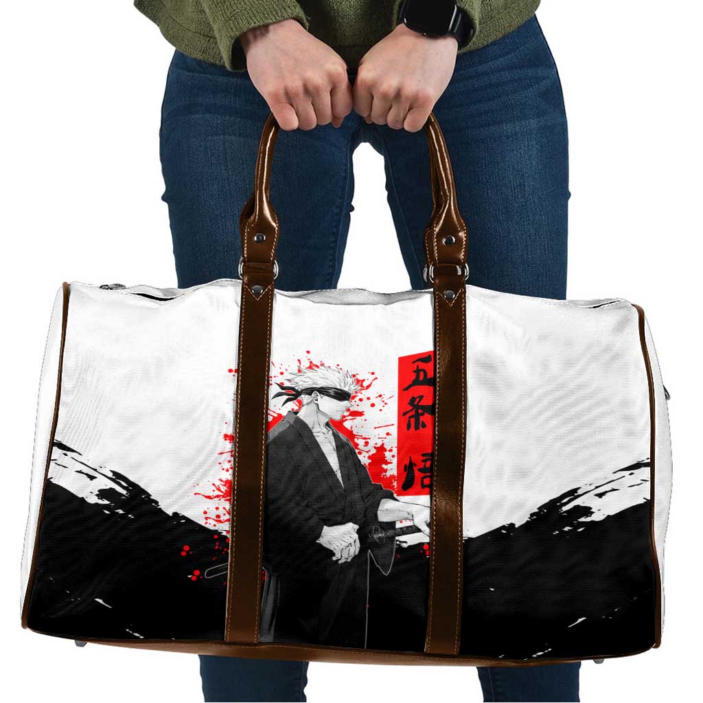 Satoru Gojo Jujutsu Kaisen Samurai Style Travel Bag with Katana, Red Kanji and Oni Mask Illustration - The Mazicc