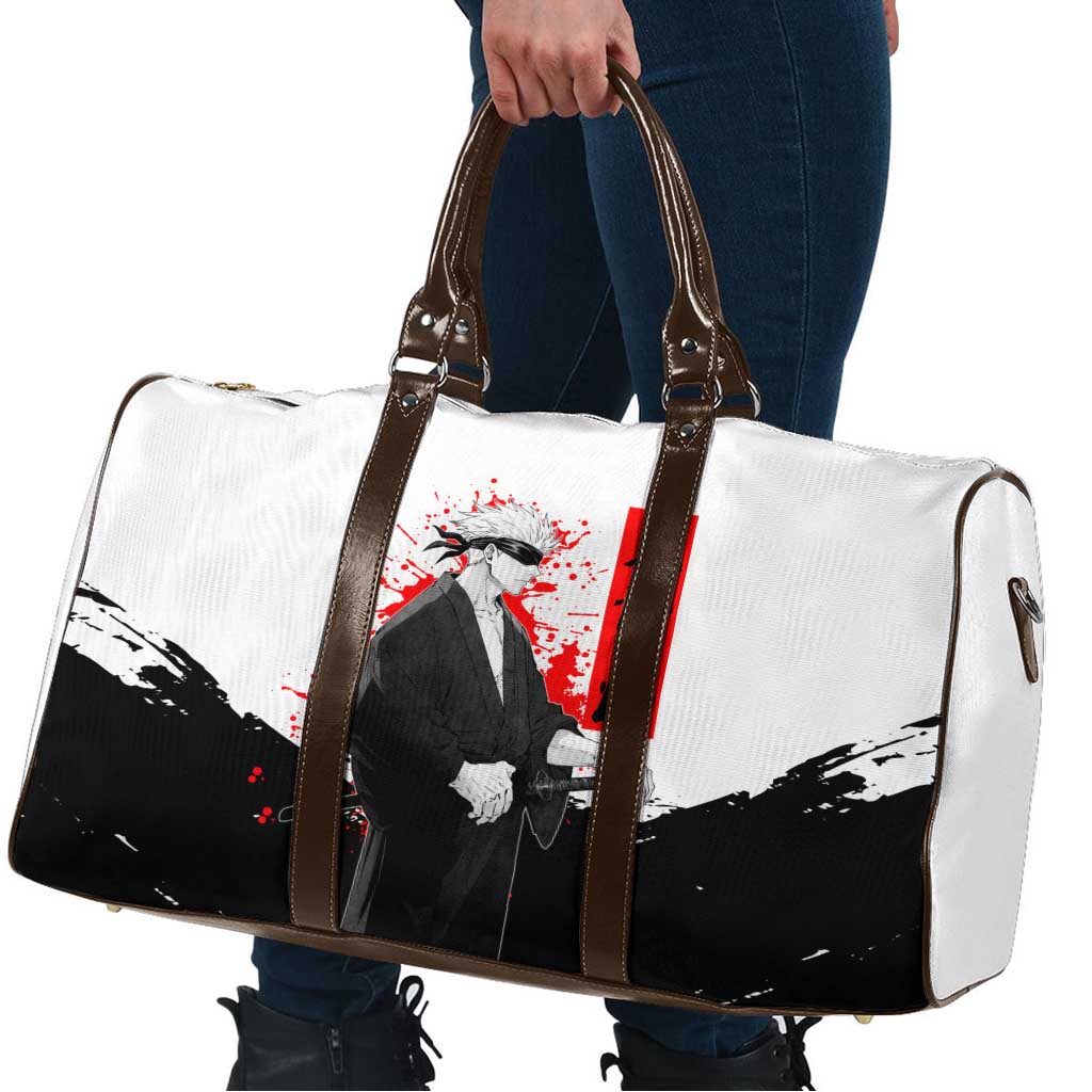 Satoru Gojo Jujutsu Kaisen Samurai Style Travel Bag with Katana, Red Kanji and Oni Mask Illustration - The Mazicc