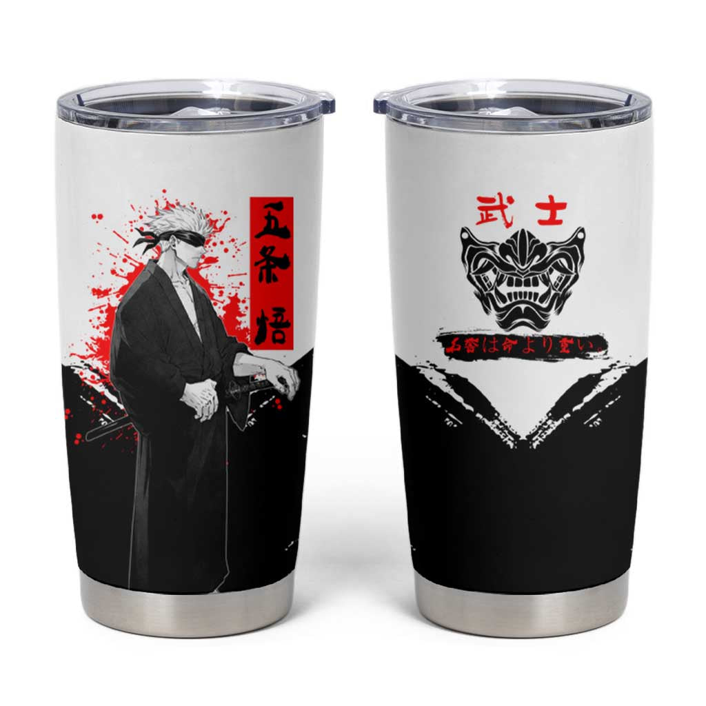Satoru Gojo Jujutsu Kaisen Samurai Style Tumbler Cup with Katana, Red Kanji and Oni Mask Illustration - The Mazicc