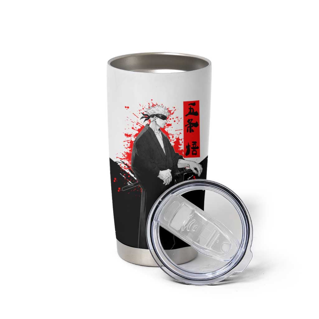 Satoru Gojo Jujutsu Kaisen Samurai Style Tumbler Cup with Katana, Red Kanji and Oni Mask Illustration - The Mazicc