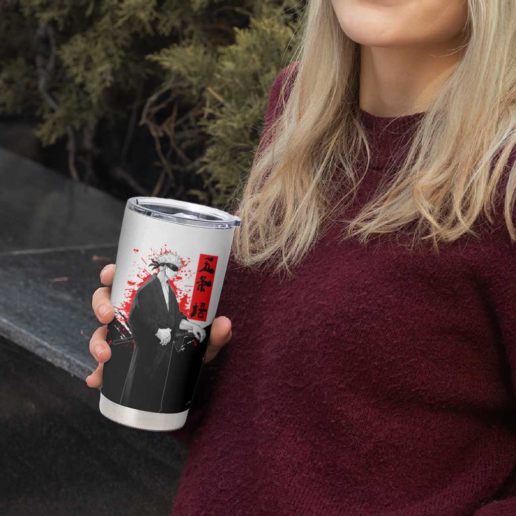 Satoru Gojo Jujutsu Kaisen Samurai Style Tumbler Cup with Katana, Red Kanji and Oni Mask Illustration - The Mazicc