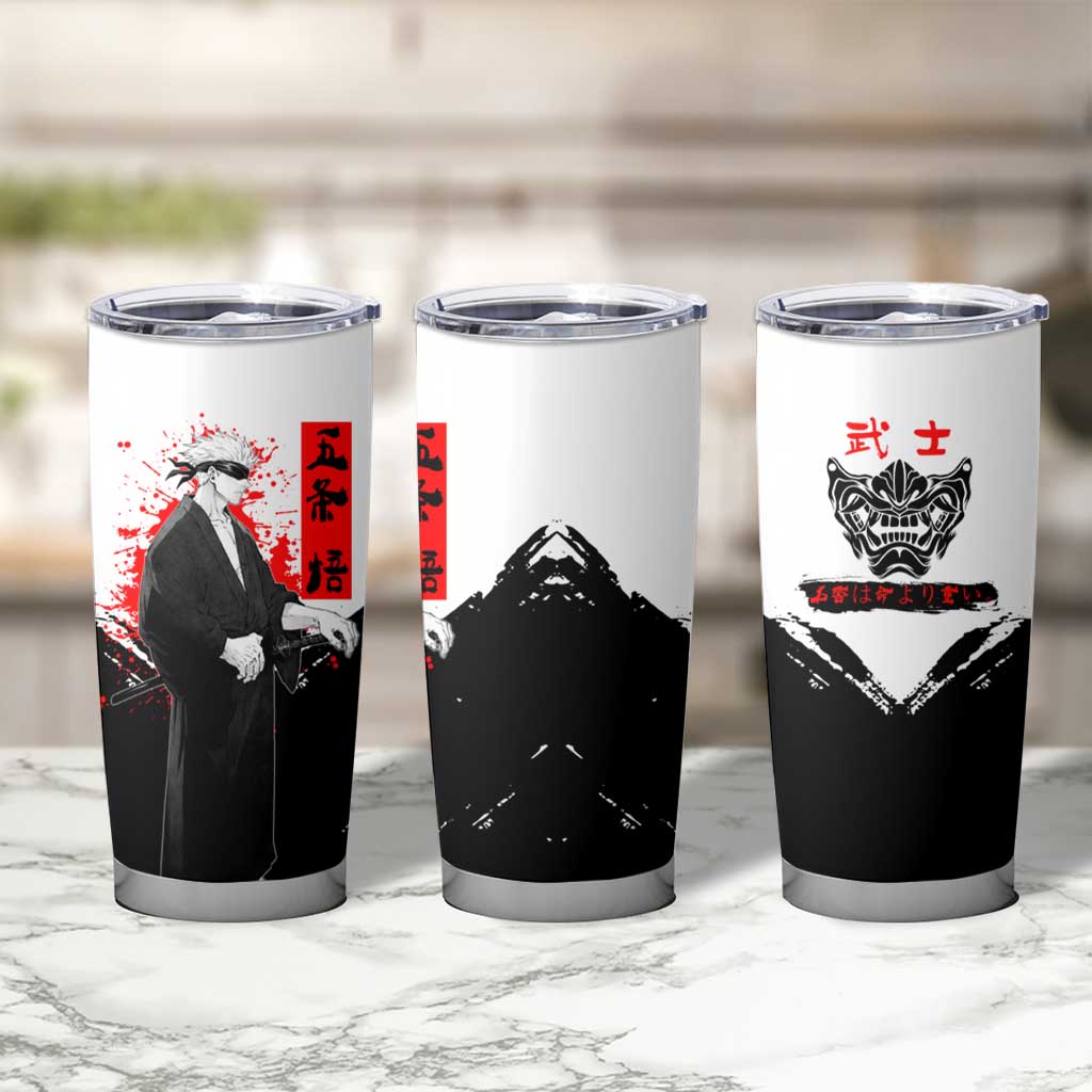 Satoru Gojo Jujutsu Kaisen Samurai Style Tumbler Cup with Katana, Red Kanji and Oni Mask Illustration - The Mazicc