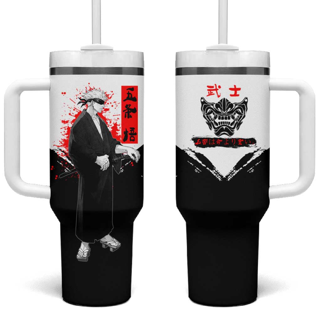 Satoru Gojo Jujutsu Kaisen Samurai Style Tumbler With Handle with Katana, Red Kanji and Oni Mask Illustration - The Mazicc