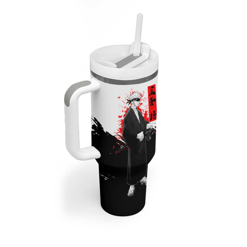 Satoru Gojo Jujutsu Kaisen Samurai Style Tumbler With Handle with Katana, Red Kanji and Oni Mask Illustration - The Mazicc