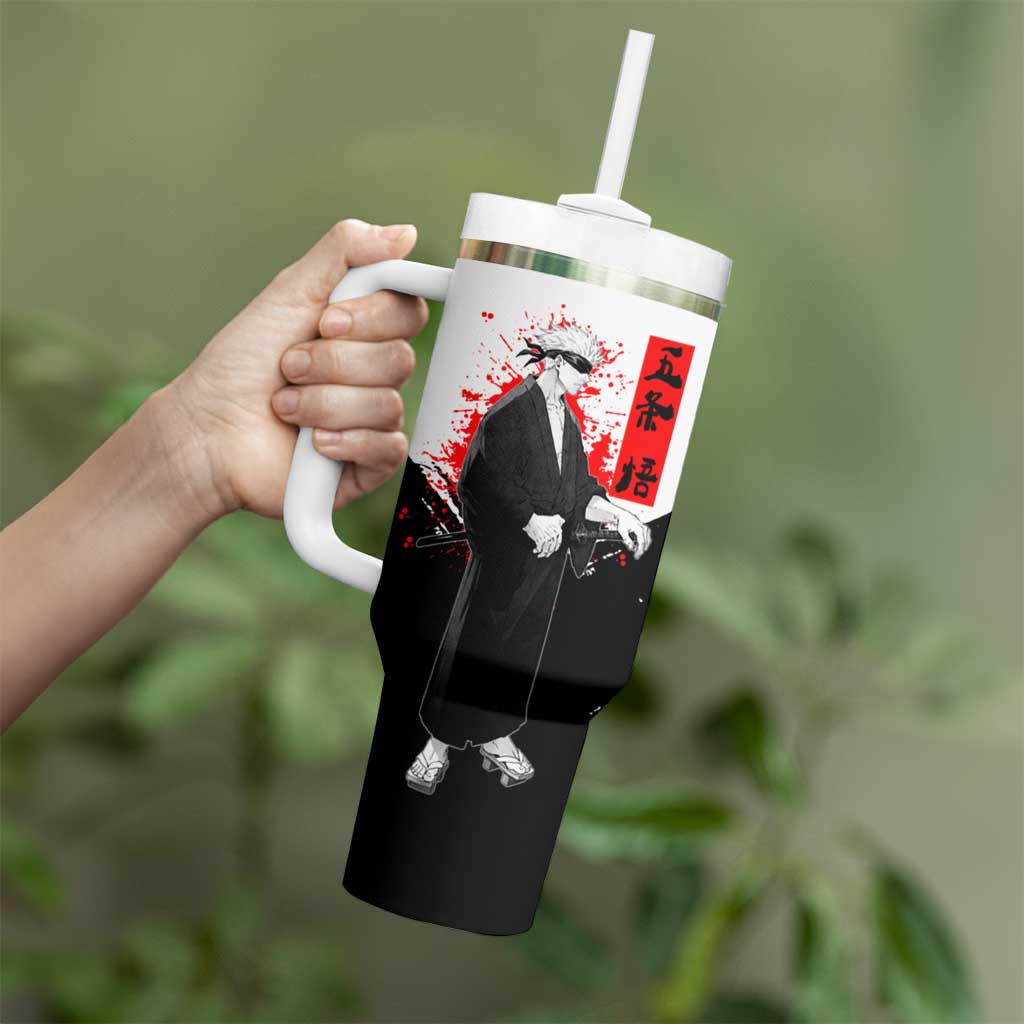 Satoru Gojo Jujutsu Kaisen Samurai Style Tumbler With Handle with Katana, Red Kanji and Oni Mask Illustration - The Mazicc