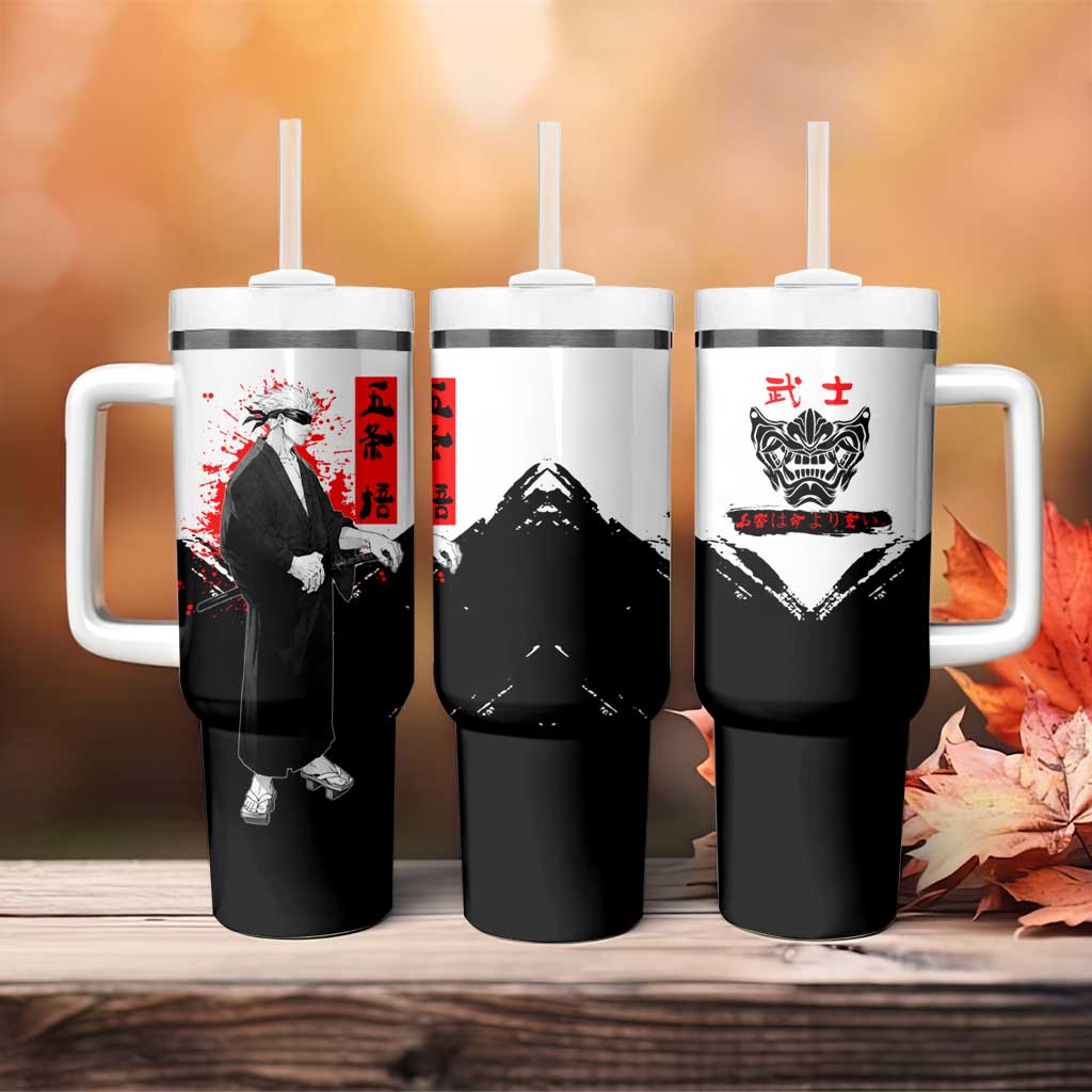 Satoru Gojo Jujutsu Kaisen Samurai Style Tumbler With Handle with Katana, Red Kanji and Oni Mask Illustration - The Mazicc
