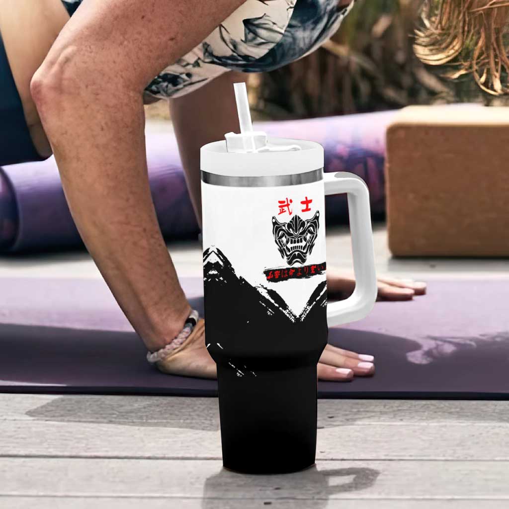 Satoru Gojo Jujutsu Kaisen Samurai Style Tumbler With Handle with Katana, Red Kanji and Oni Mask Illustration - The Mazicc