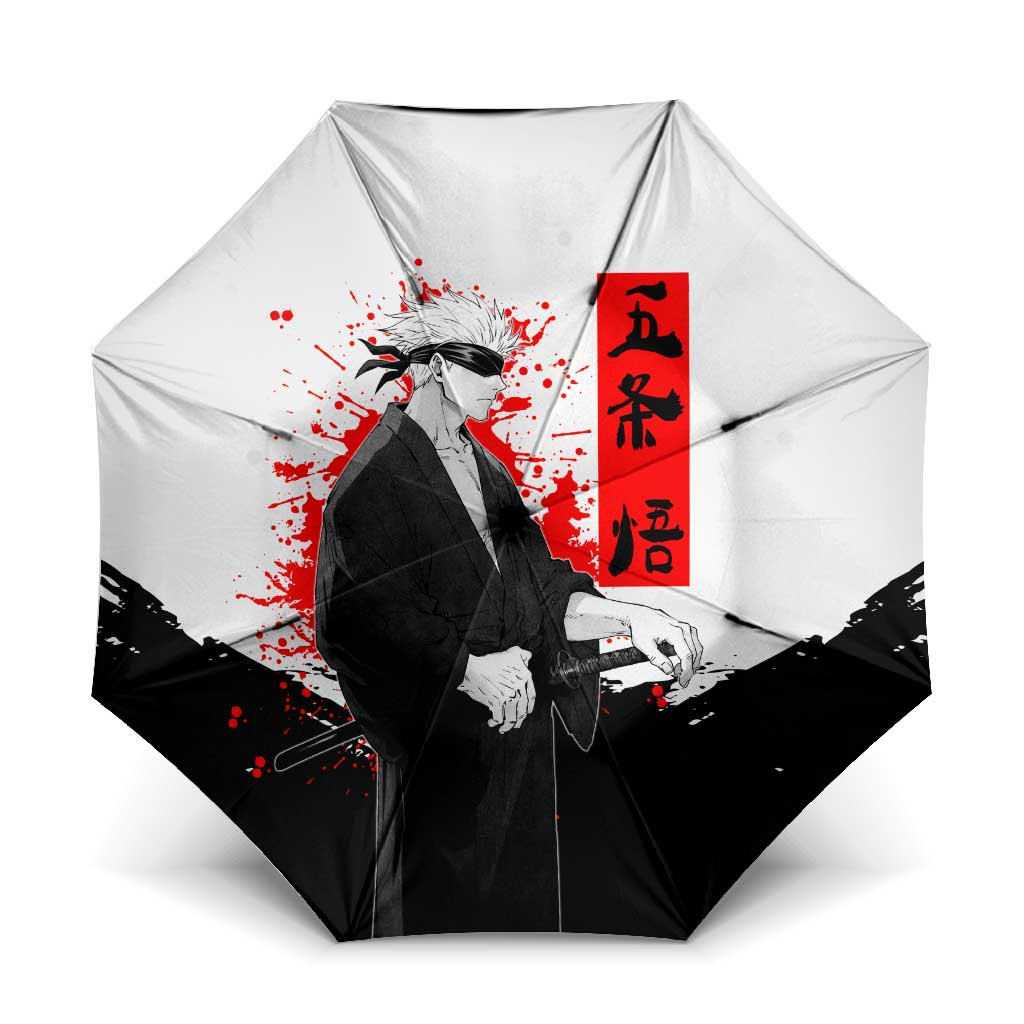 Satoru Gojo Jujutsu Kaisen Samurai Style Umbrella with Katana, Red Kanji and Oni Mask Illustration - The Mazicc