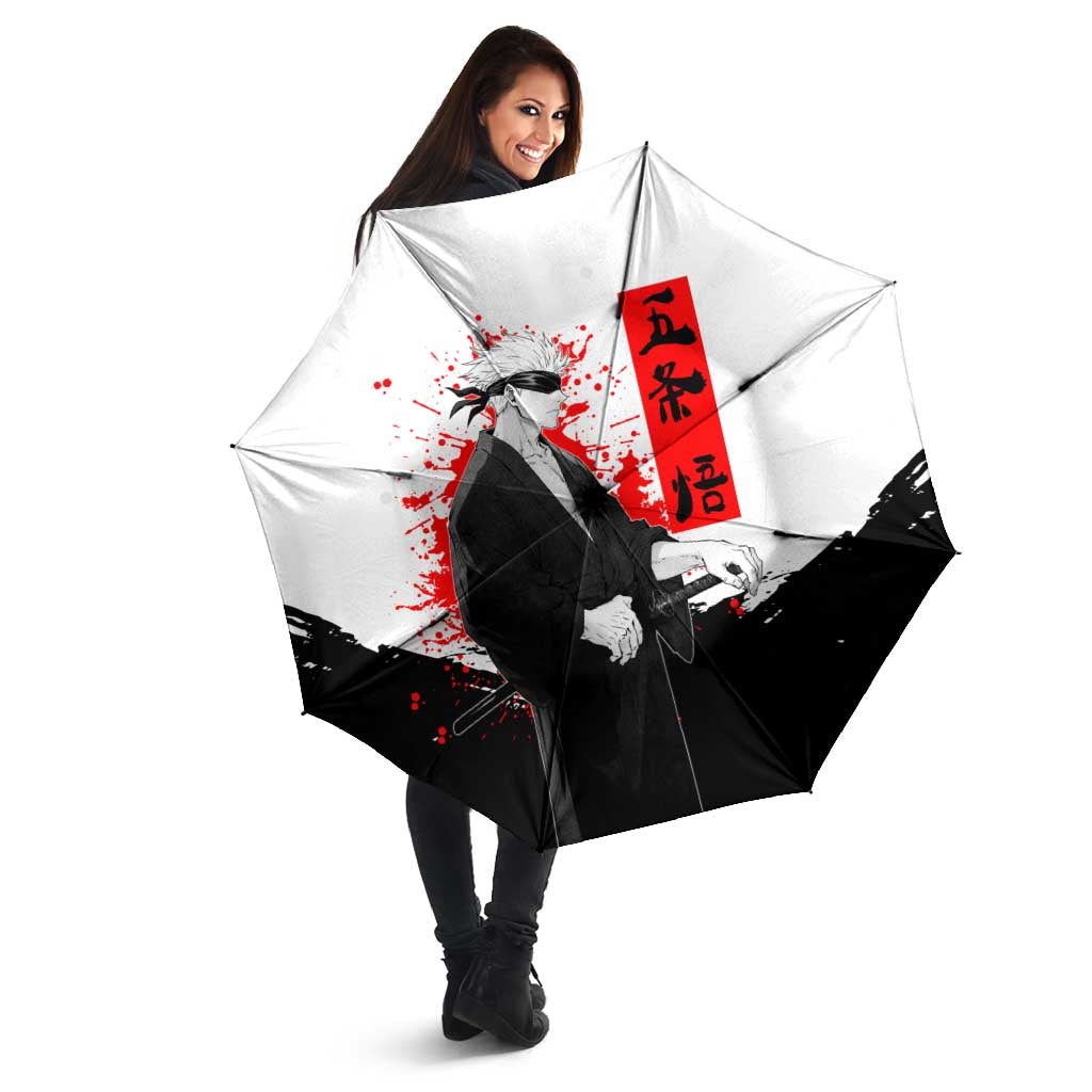 Satoru Gojo Jujutsu Kaisen Samurai Style Umbrella with Katana, Red Kanji and Oni Mask Illustration - The Mazicc