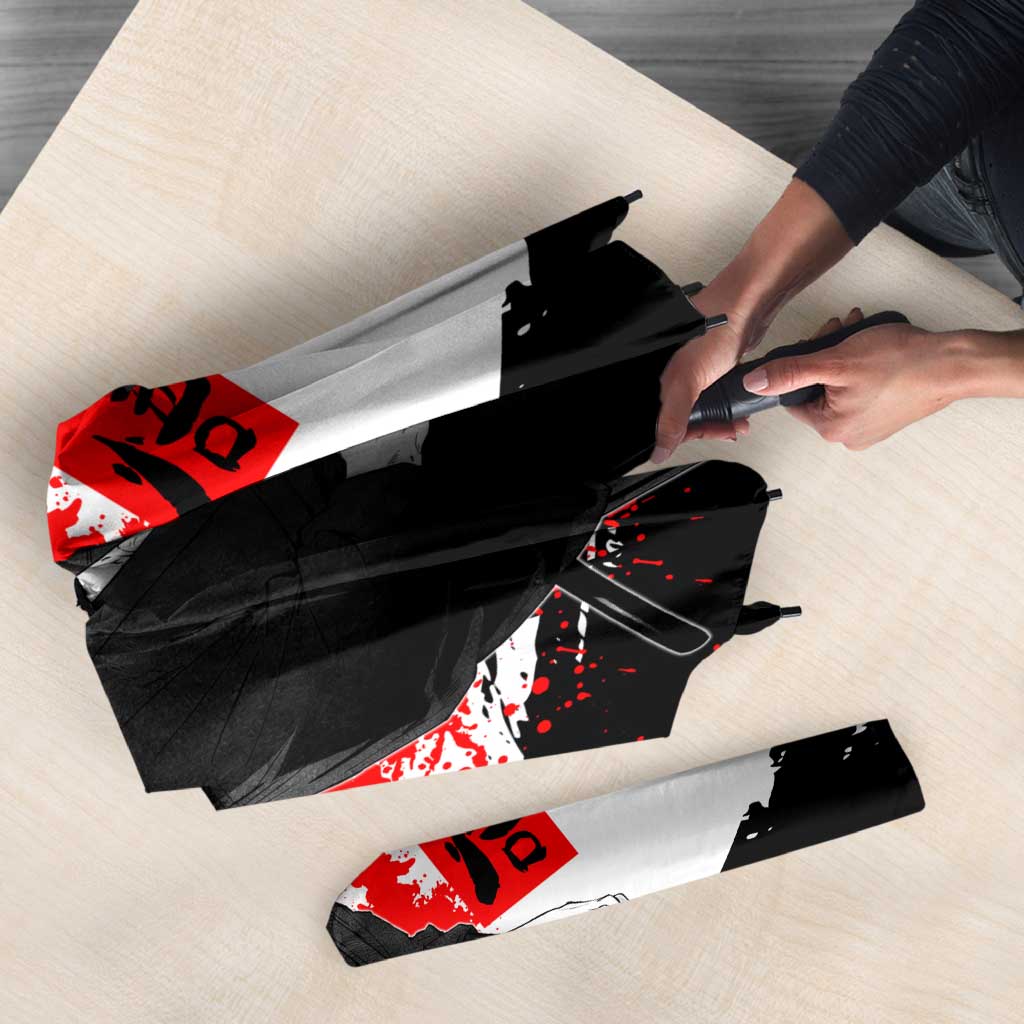 Satoru Gojo Jujutsu Kaisen Samurai Style Umbrella with Katana, Red Kanji and Oni Mask Illustration - The Mazicc