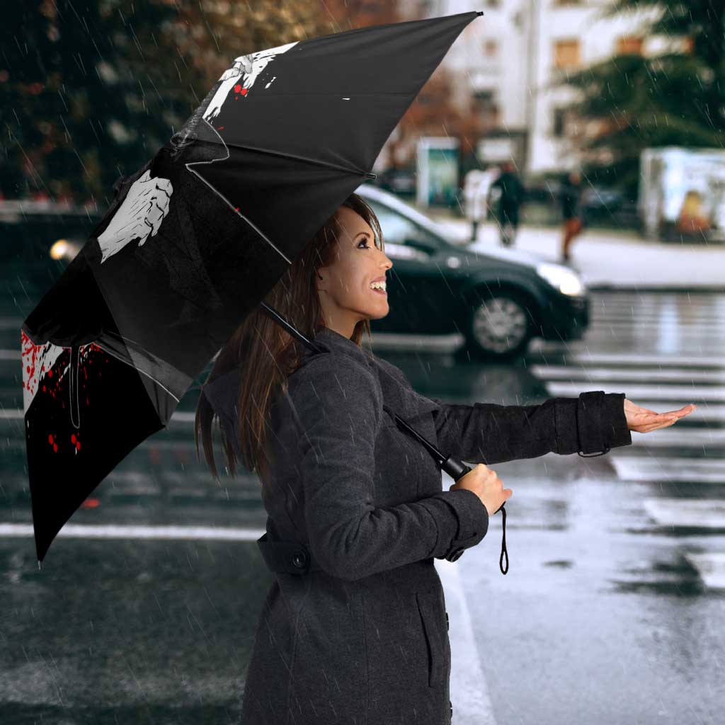 Satoru Gojo Jujutsu Kaisen Samurai Style Umbrella with Katana, Red Kanji and Oni Mask Illustration - The Mazicc