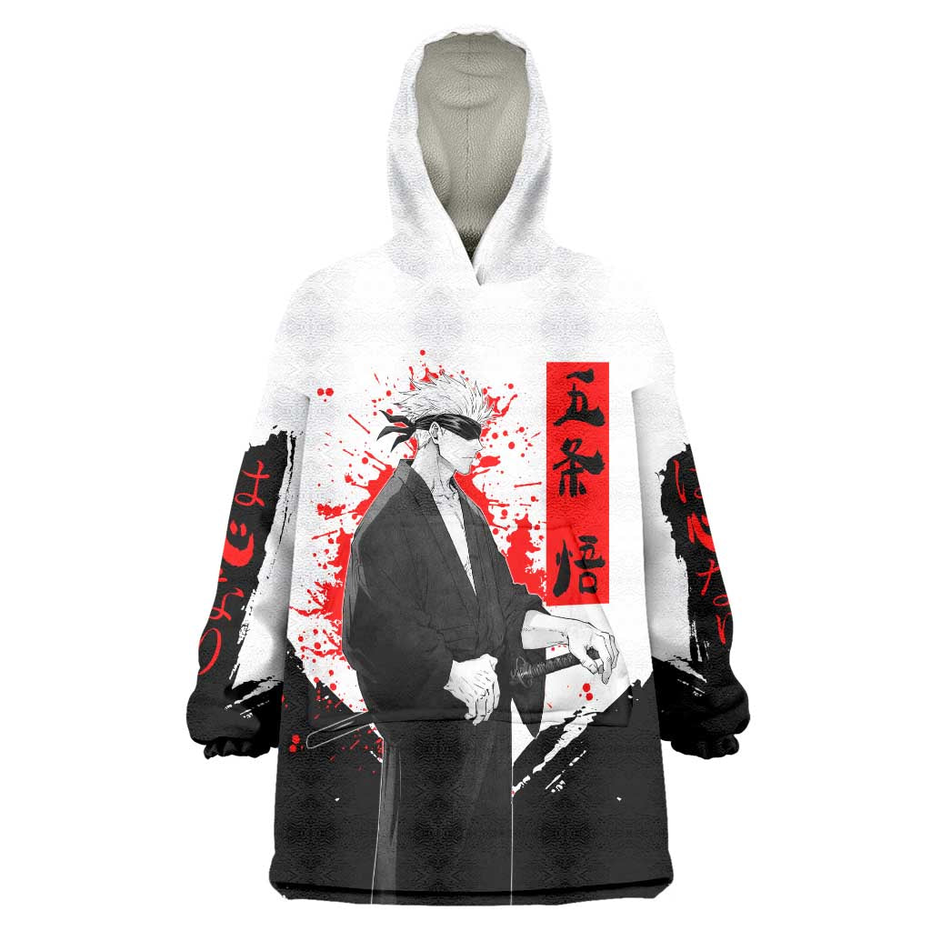 Satoru Gojo Jujutsu Kaisen Samurai Style Wearable Blanket Hoodie with Katana, Red Kanji and Oni Mask Illustration - The Mazicc
