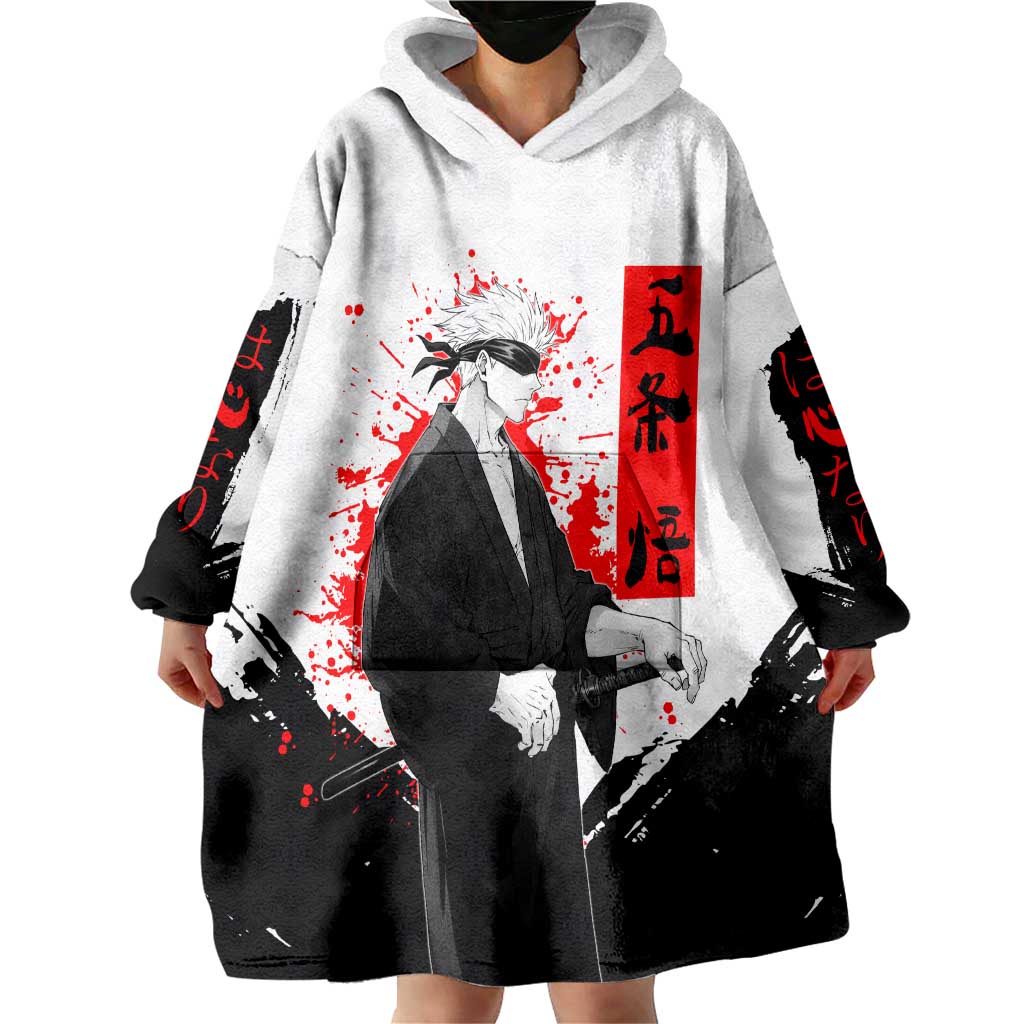 Satoru Gojo Jujutsu Kaisen Samurai Style Wearable Blanket Hoodie with Katana, Red Kanji and Oni Mask Illustration - The Mazicc